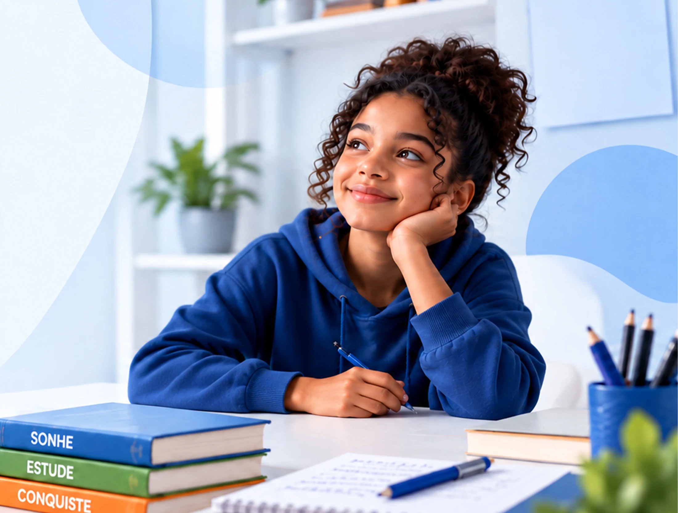 Estudante sorrindo, apoiada em um notebook aberto com o chat da SOFIA e um tablet ao lado mostrando a frase 'Aprender mudou', cercada por livros e material de estudo.