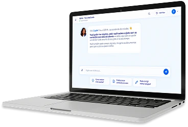 Tela da Sofia em um notebook, com a sauda��o 'Ol�! Sou a SOFIA, sua assistente de estudos', campo para digitar a d�vida e sugest�es como 'Como resolver essa quest�o?'.